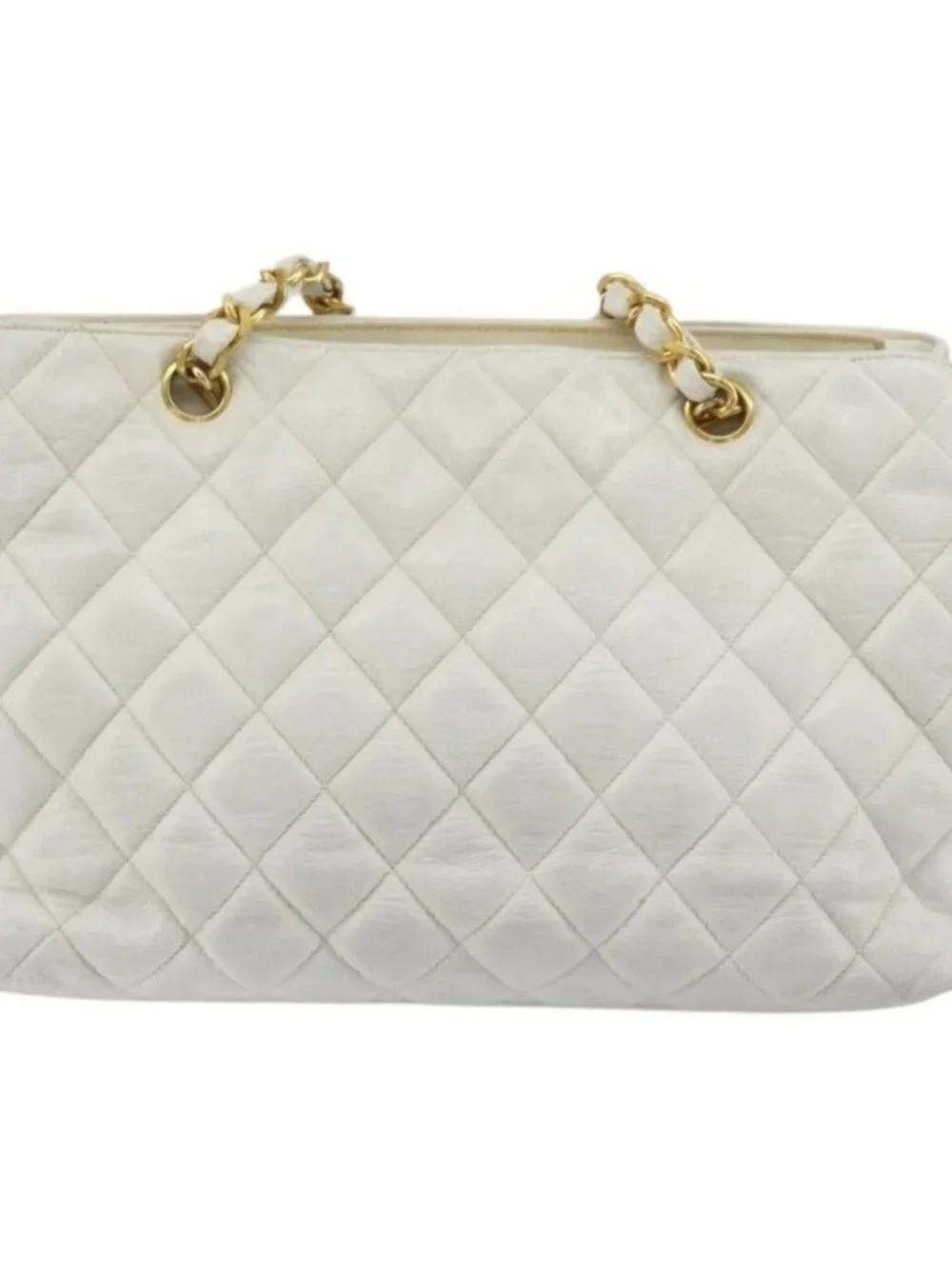 CHANEL Chain Shoulder Bag Lamb Skin White Gold CC Auth BA12714